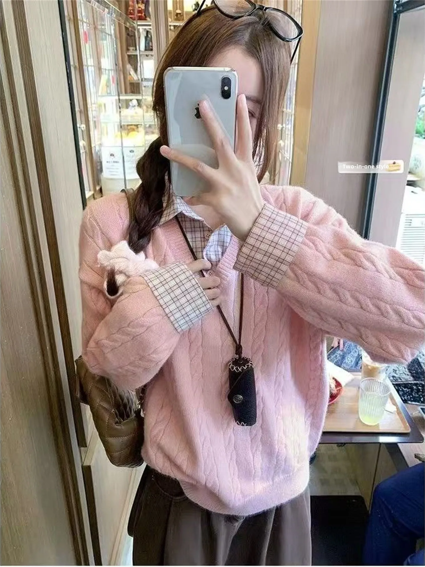 

Loose Korean Sle Women's Pink Knitted Sweater Autumn Winter Plaid Splicing Lazy Sle Top Faion Commute Wind Large Size
