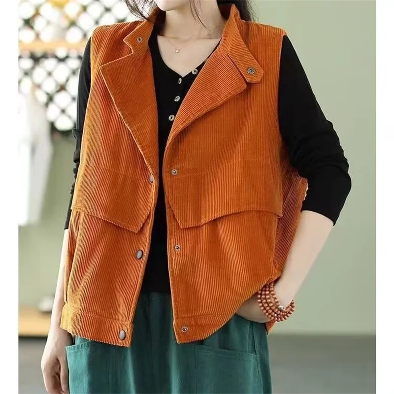 Retro Corduroy Waistcoat Women Velvet Padded Lamb Velvet Sleeveless Vest Jackets Spring And Autumn Blazer Jacket Female