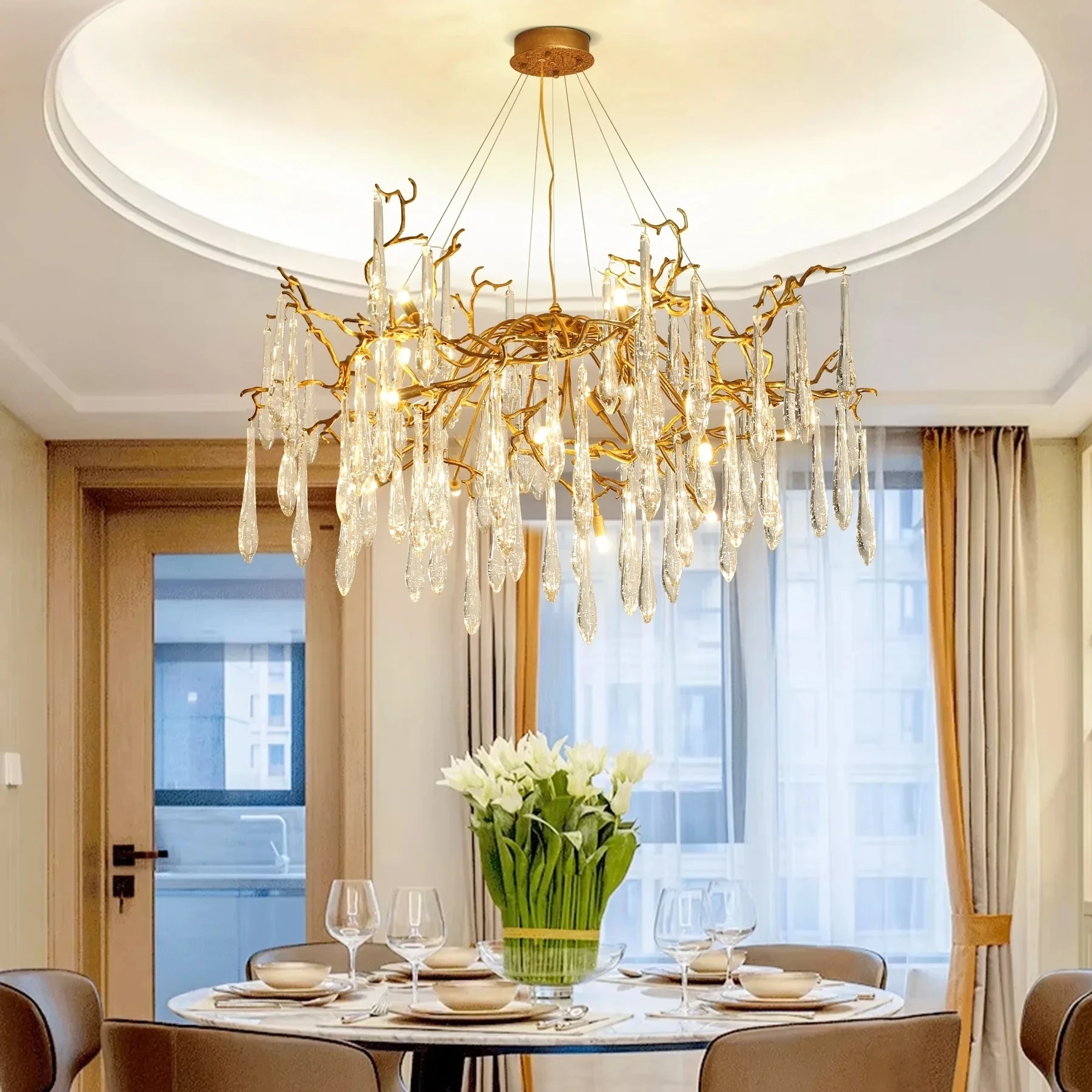 Modern  Crystal Tree Branch Chandelier For Living Room Dining Room Luxury Round Hanging Waterfall Crystal Pendant Vila