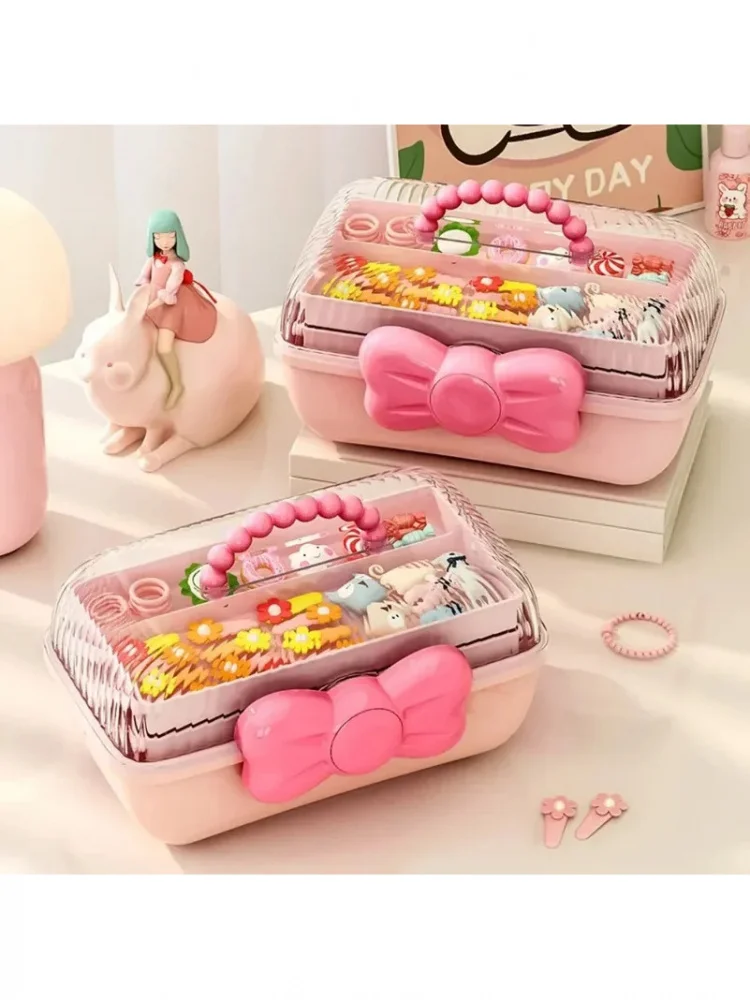 Boîte de rangement multicouche avec nœud papillon, boîte à bijoux pour filles, boîte de rangement d'accessoires pour cheveux pour enfants, boîte de rangement de jouets
