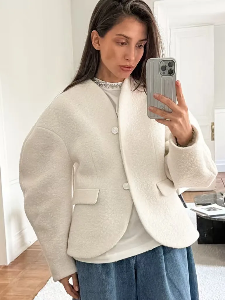 

Faionable ort Woolen Cardigan Jaet Loose Casual Sle V-Ne Long Sve Women's Coat Straight Cut Commute Sle Single...