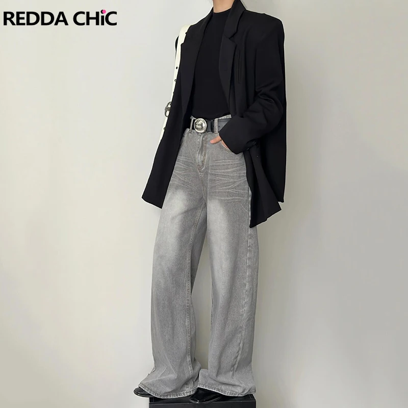 REDDACHiC Vintage Gray Brushed Baggy Jeans Men Whiskers Straight Trousers High Waist Casual Wide Leg Pants Harajuku Streetwear