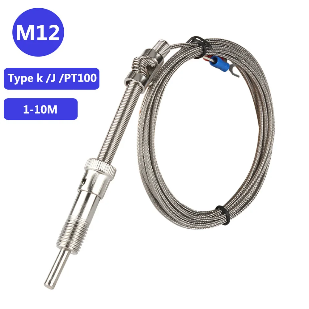 WRNT-201 M12 Type K/E/ PT100 Compression Spring Shielded Wire Thermocouple Temperature Sensor 1-10m for Temperature Controller