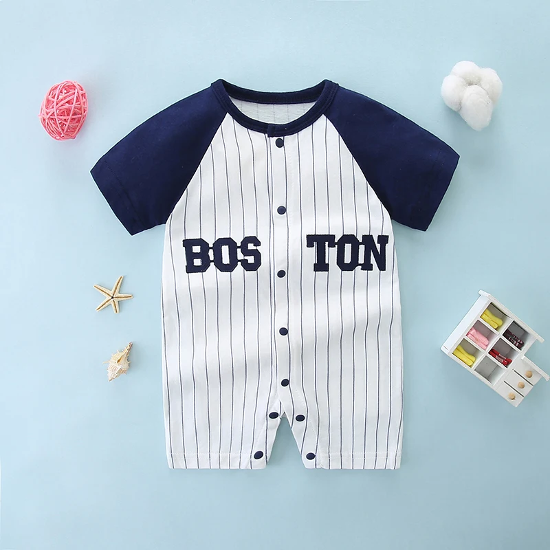 Baby baseball uniform pure cotton summer 0-1 year old baby boy short-sleeved harem newborn jumpsuit full moon crawling suit