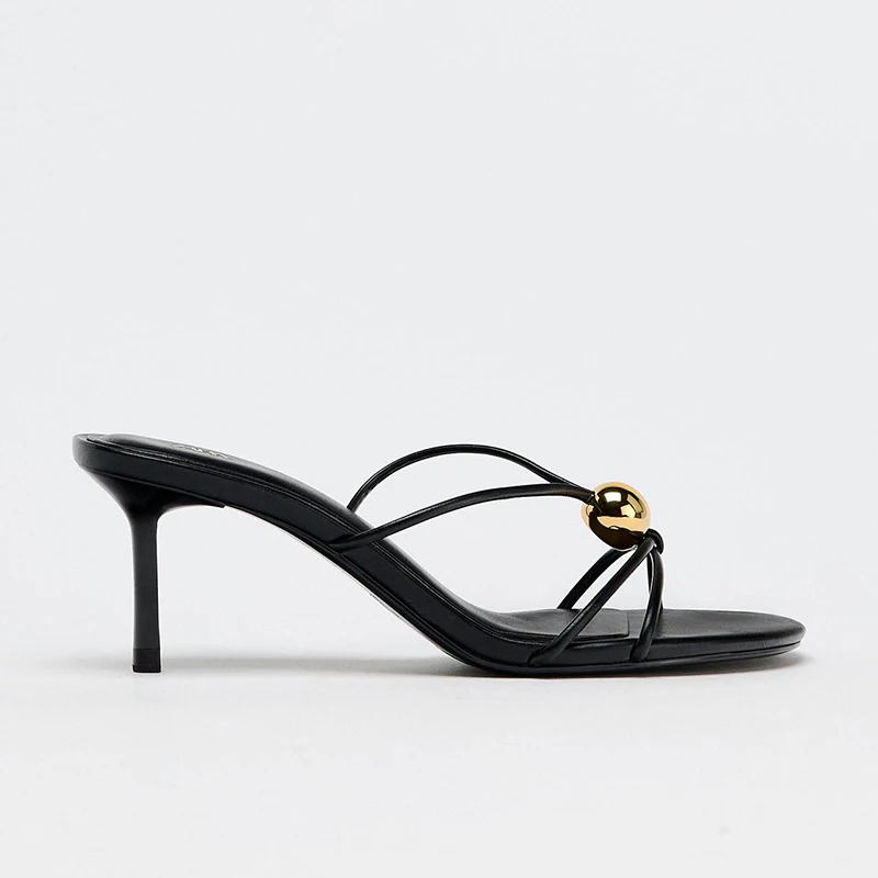 

Metal Decorated High Heels Summer Fashion Sandals Thin Heel Outdoor Wear Holiday Style Low Cut Slip-On round Toe Rubber Sole