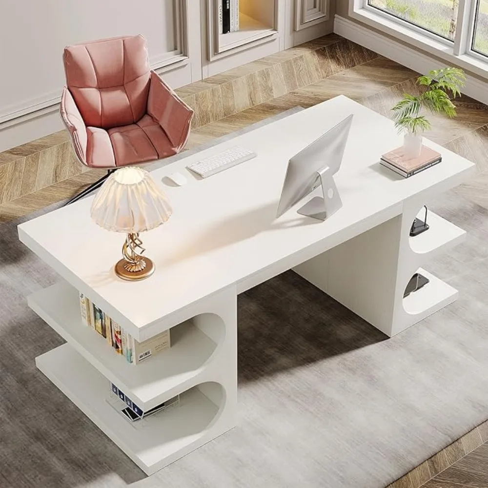 62 inch Executive bureau, groot computerbureau met opbergplanken, modern houten bureau, studeertafel, werkstationbureau