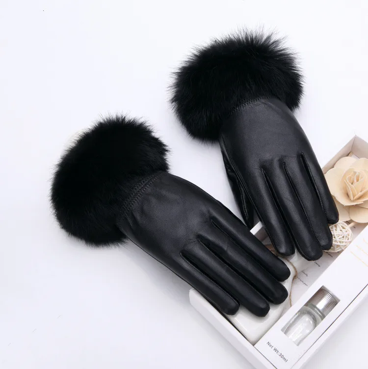 Natrual Fur ! Women's  Black Genuine Leather Rabbit Fur Glove Female Thicken Warm Sheepskin Leather Glove TB041