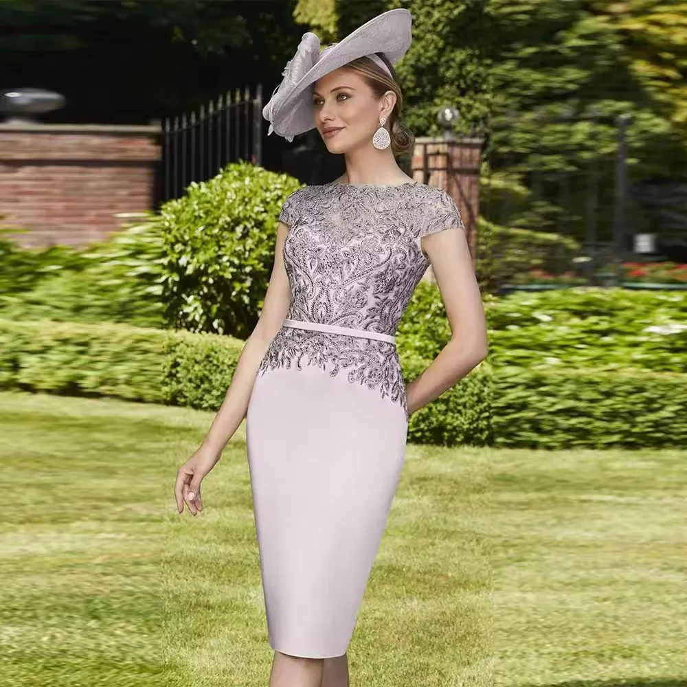 Customized Elegant Guest Wedding Party Dresses Crepe Fabric Sheath/Column Cocktail Dress Grey Boat Neck Mother of the BrideDress