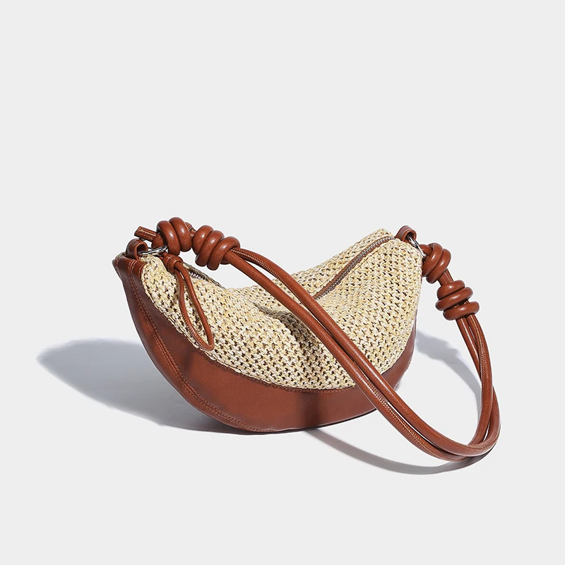 Bolso tejido retro de lujo Bolso de paja estilo vacaciones en la playa Bolso de media luna exquisito y versátil Bolso de hombro simple de gama alta Gran capacidad Bolso cruzado moderno y de moda Bolso de lujo