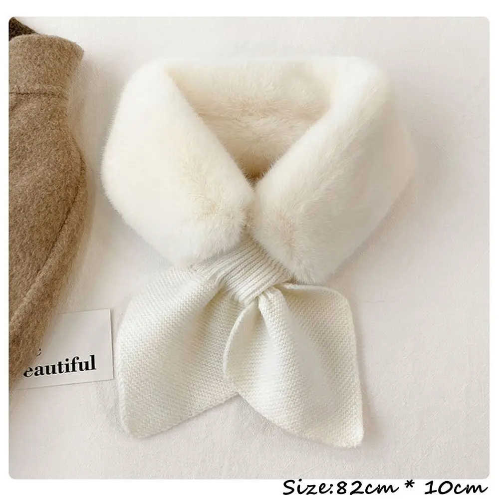 Korean Women Knitted Wool Warm Scarf Autumn Winter Faux Fur Rabbit Thicken Windproof Cross Fake Neck Guard Scarves