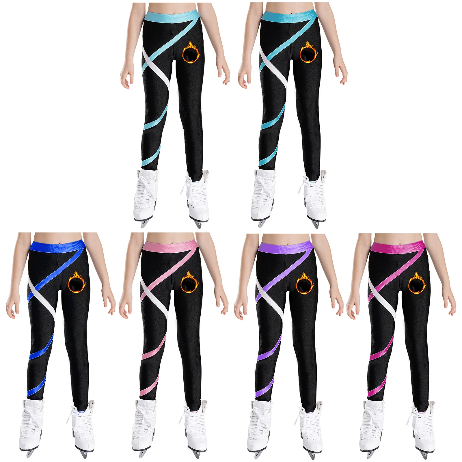 Kids Girls Figure Skating Leggings Fleece-Lined Trouser PatchworkLeggings for Ballet Gymnastics Dance Workout Pants Sportswear