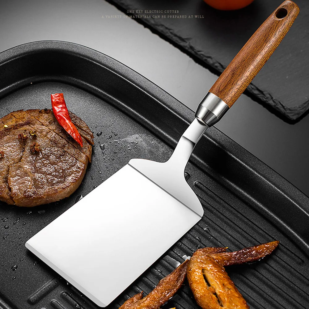 

Food Grade Shovel 403 Stainless Steel BBQ Plate Grill Scraper Pancake Spatula 8.5cm Large Shovel Surface with Wood Handle