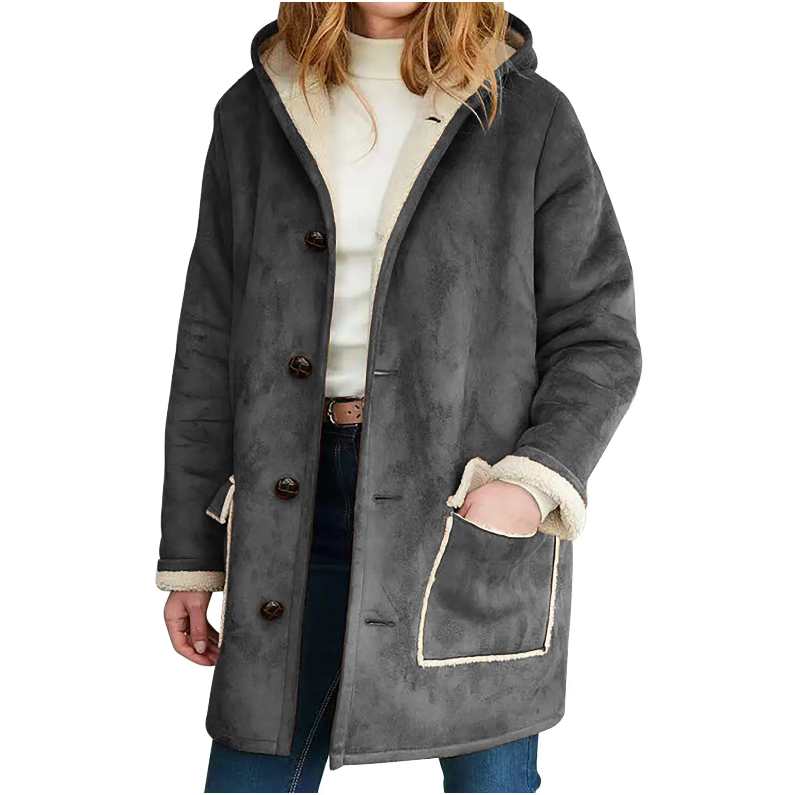 Mittellanger Retro-Mantel aus Wildlederimitat mit Kapuze, 2025 Winter, euroamerikanischer Stil, Damenmode, warme, einreihige, breite Reversjacke