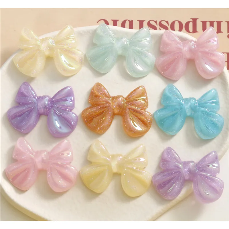 New style 50pcs/lot color print cartoon bowknot shape resin bow cabochon beads diy jewelry hair/phone case accessory