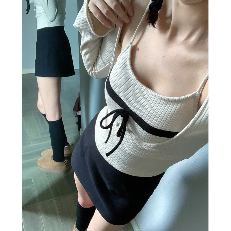 Korean Sexy Knitted T-shirts Bows Square Collar Sling Long Sleeve Pullover Two Piece Sets High Street Knitwears Shirt For Women