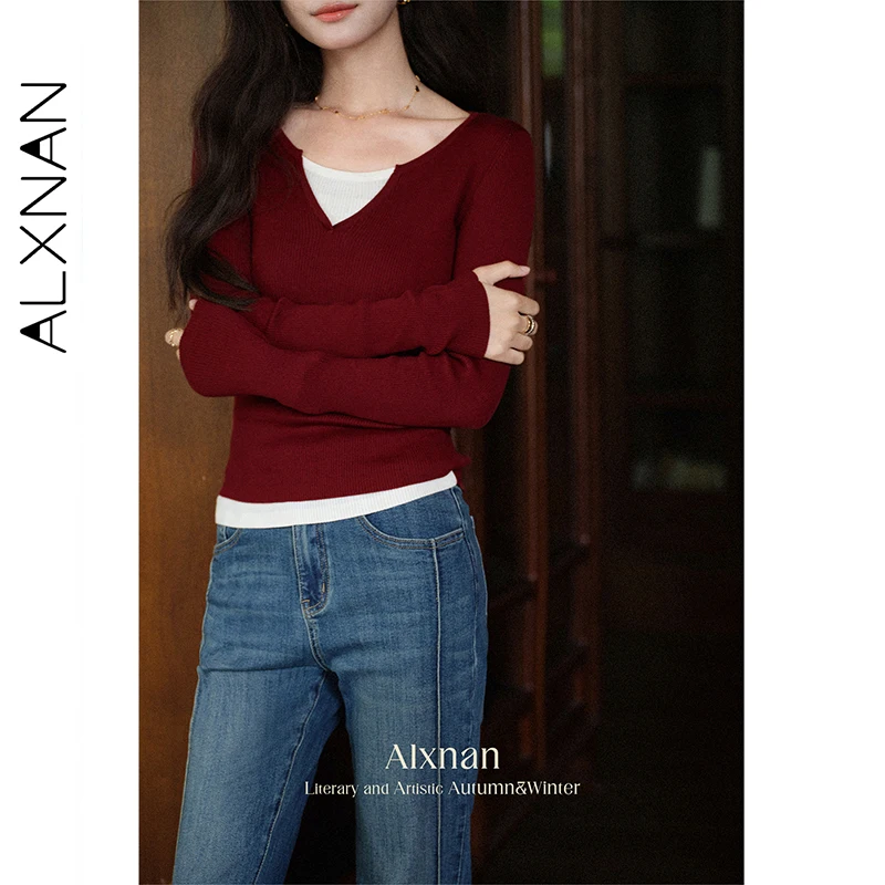 ALXNAN-camisetas rojas para mujer, camisetas ajustadas de manga larga con cuello en V, camisetas elásticas con paneles de punto de Color, novedad de Otoño de 2025 para mujer L569103