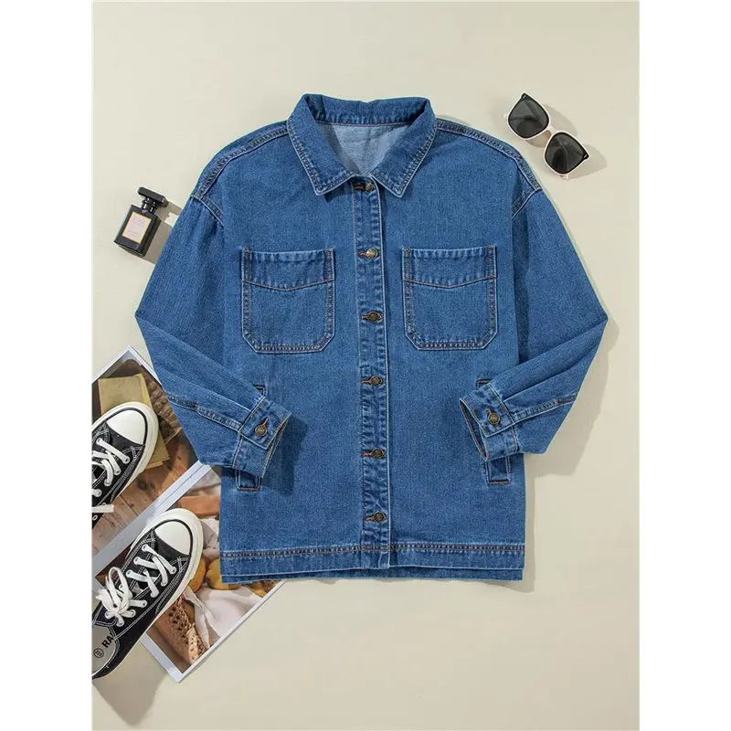 AA76-سترة جينز نسائية كبيرة الحجم بأزرار لأعلى وأكمام طويلة وسترات من قماش الدنيم Zimbaplatinum #2