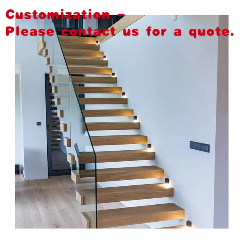 

custom.Design Floating Straight Staircase Steel Stringer with Wooden Tread Glass Railing Interior Stairs