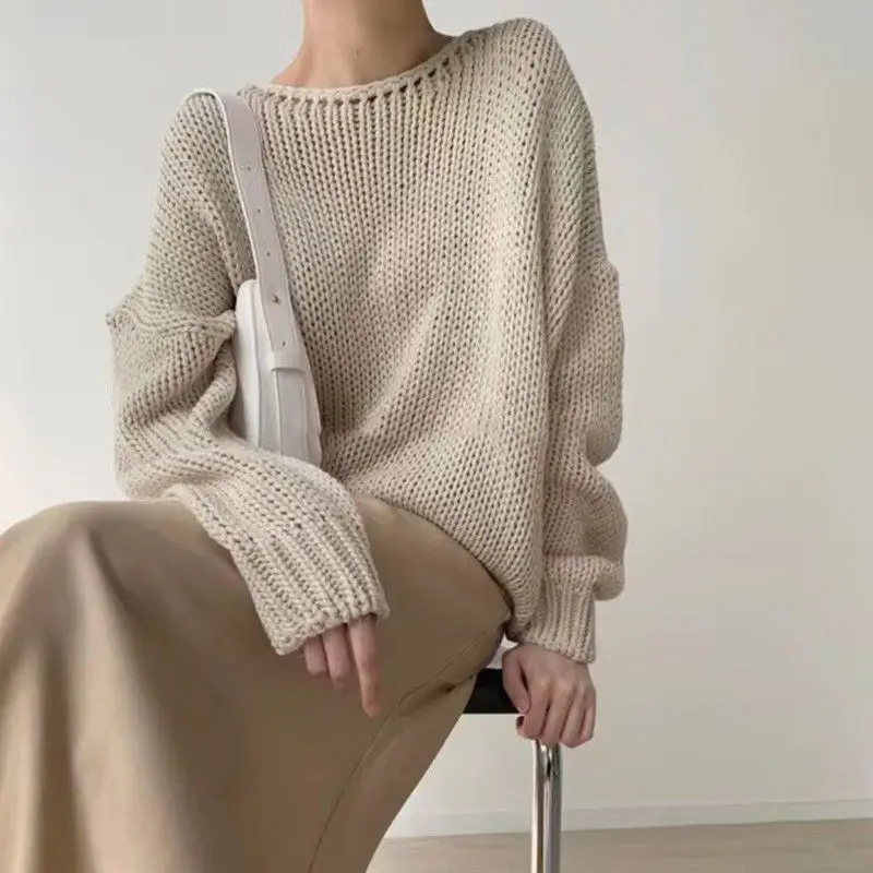 

Autumn and Winter New Vintage Simple Round Neck Pullover Sweater Women's Loose and Lazy Style Reduced Age Knitted Top
