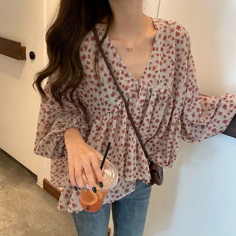 V-neck Chiffon Shirt Women Sweet Tops Blouse 2023 Spring Korean Floral Print Long Sleeve Casual Loose Slim Lady Clothes New 9307