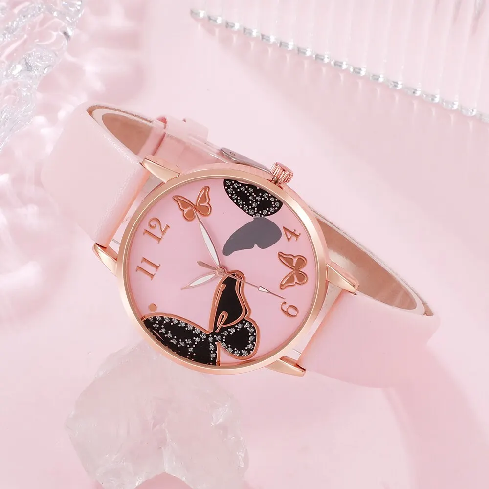 6PCS Set Women Butterfly Dial Watch Brand Design Female Clock Pink Leather Band Ladies Watches Fashion Casual Quartz Wristwatche