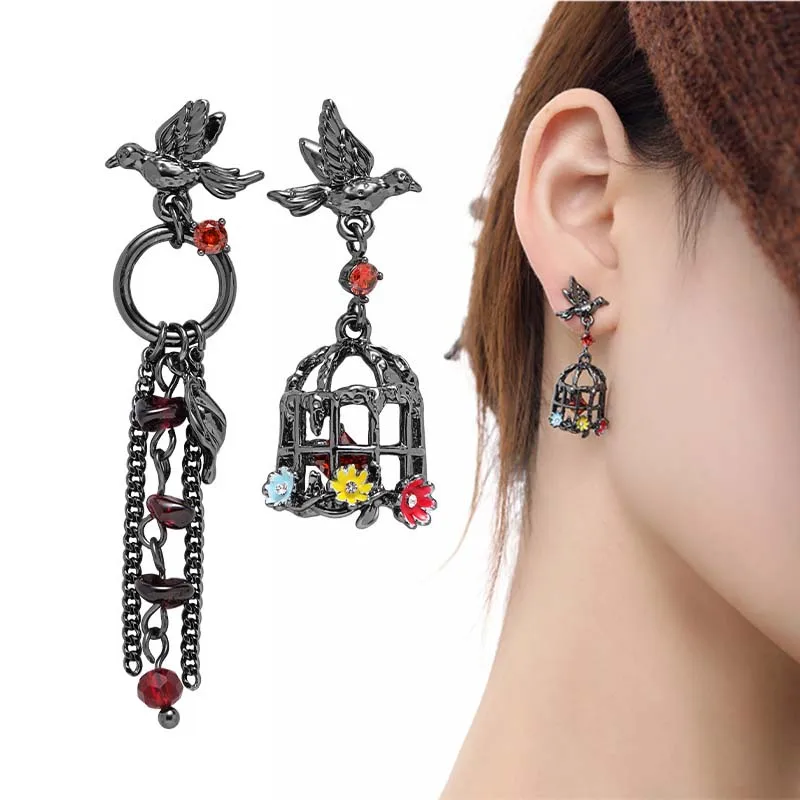 Goth Cage Crow Drop Earrings Asymmetric Stud Earring Steampunk Girl Gothic Jewelry   Ear Studs Luxurious Female Accessories Gift