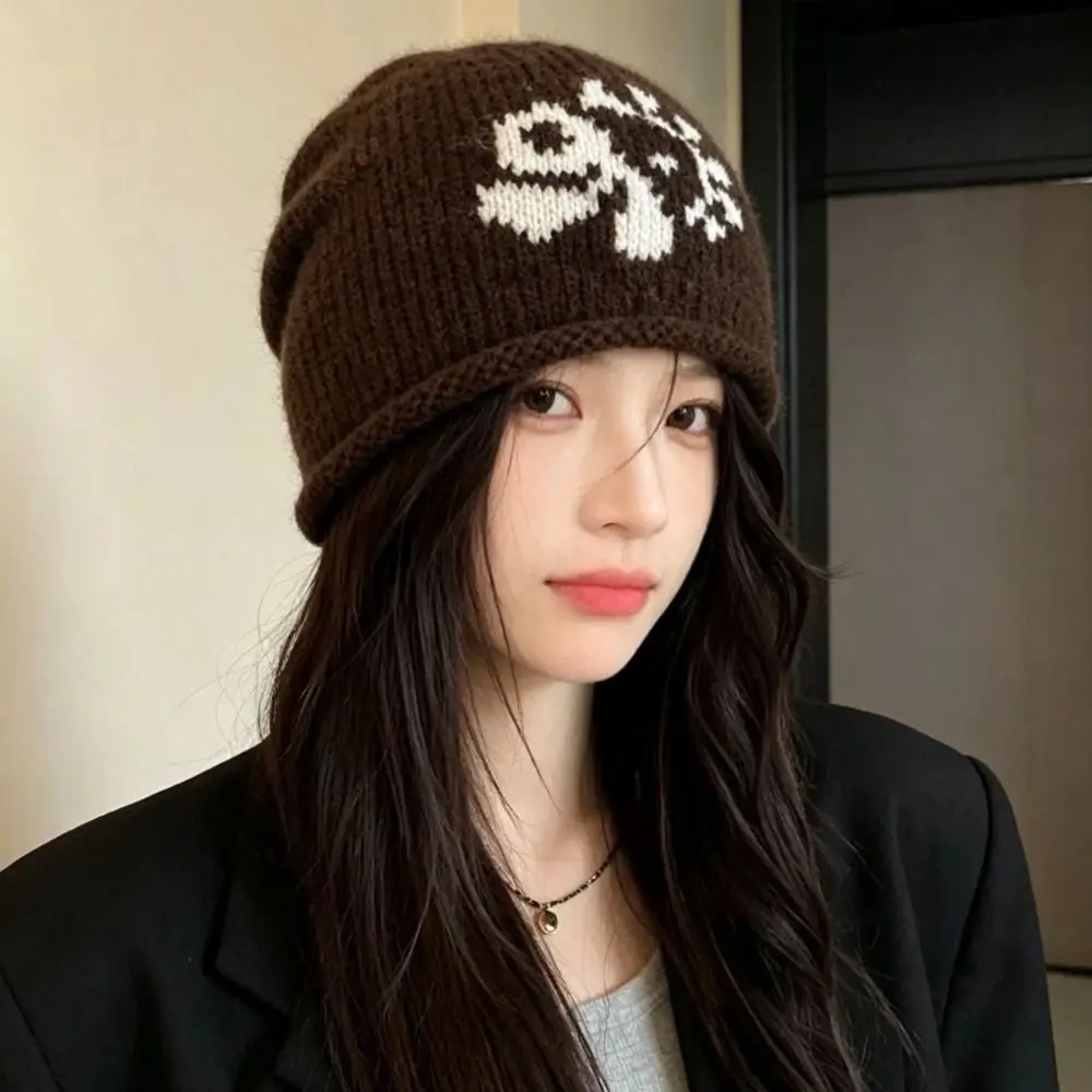 Fair Isle Pattern Wool Blend Knitted Beanie Hat Polyester Warm Winter Earflap Hat Large Head Circumference 56cm To 58cm