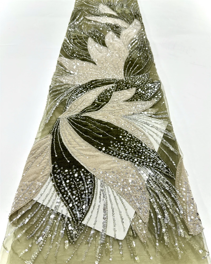 Luxury African Beaded Pearl Velvet Lace Fabric High-Quality Nigerian Sequins for Party Dress Sewing