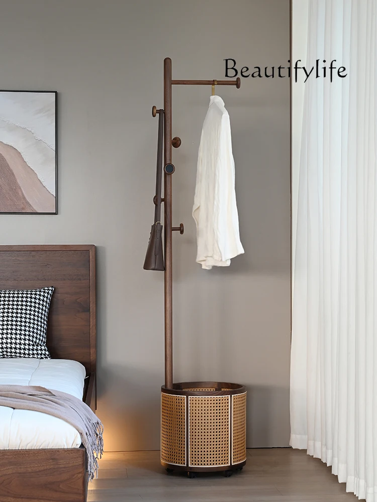 Black walnut coat rack, bedroom floor-to-ceiling rattan basket, solid wood removable dirty basket integrated