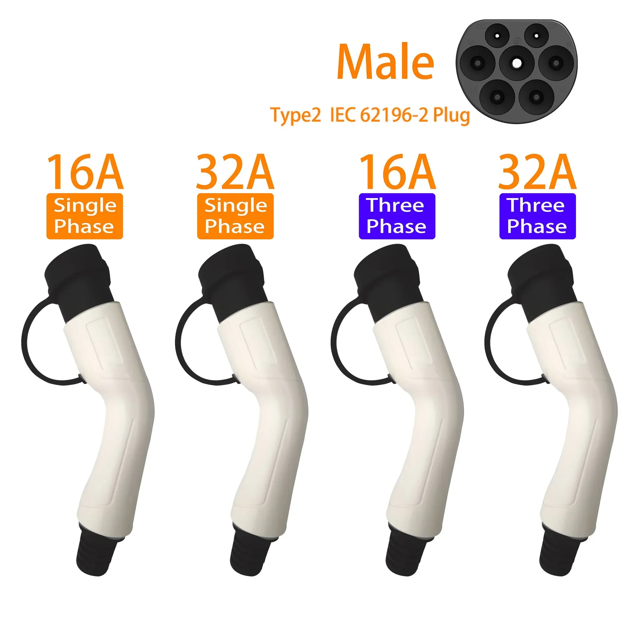 EV charger type 2 plug connector EVSE electric vehicle male side AC charging 16A 32A three-phase single-phase