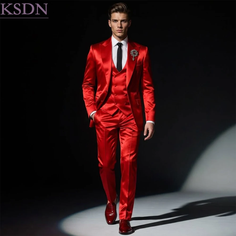 Elegant Satin Men's Suist 3 Piece Jacket Pants Vest Full Sets Formal Single Breasted Wedding Male Clothing Costume homme