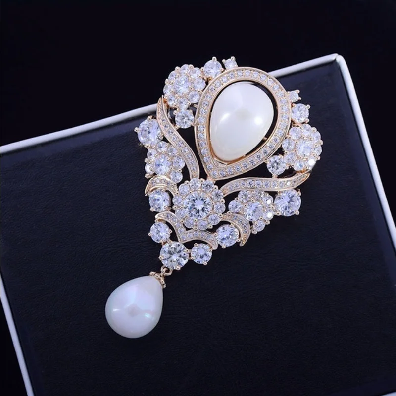 Vintage Ribbon Scroll Imitated Pearl Drop Wedding Bridal Brooches Luxury Jewelry