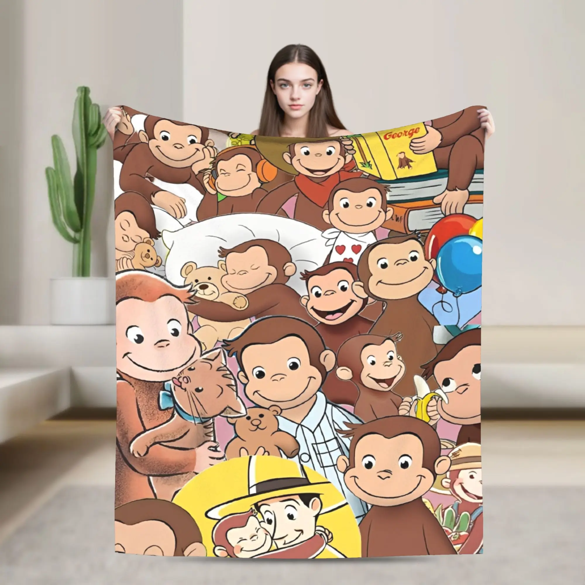 Cartoon Curious George Flannel Blanket  Soft Warm Throw Blanket for Couch Chair Decorative Funny Bedspread Sofa Bed Cover