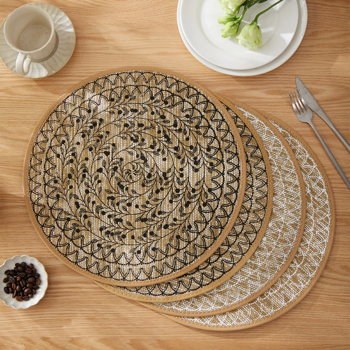 

4/6/8/12pcs Bohemian Jute Placemats Set, Non-Slip Round Dining Table Mats for Kitchen, Wedding, Home Decor
