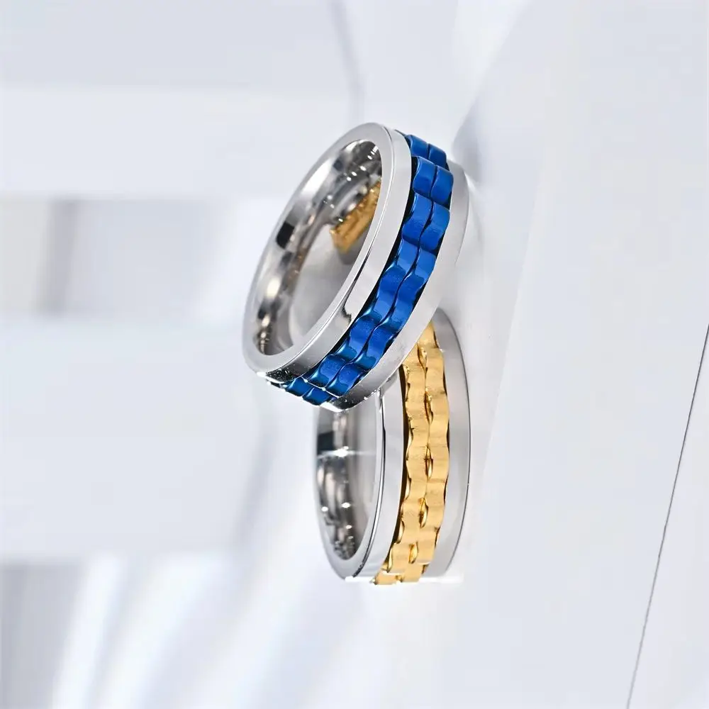 Anti Stress Stainless Steel Ring For Men Gear Chain Rotating Anxiety Relief Spinning Fidget Rings Punk Jewelry Size 6-13