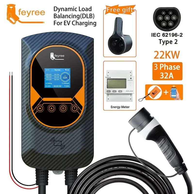 feyree EV Charger Type2 Cable 32A 7.6KW Dynamic Load Blancing EVSE Wallbox APP Function 11KW 22KW Charging Station Electric Car