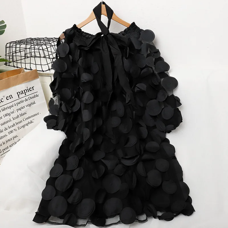 #3520 Summer Mini Dress Women Thin Sexy Mesh Dress Solid Color Korean Style 3D Floral Puff Sleeve A-line Short Dress Female 