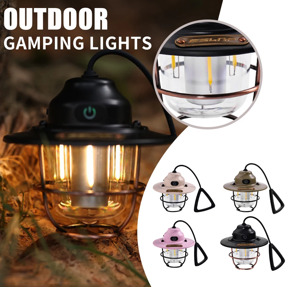 Retro Portable Camping Lantern Lamp Hanging Light USB 3 Modes Dimmable Flashlight Garden Yard Outdoor Emergency Flashlight