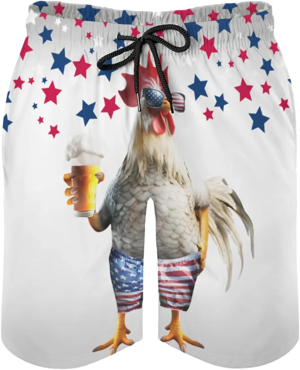 

Funny Rooster Beer Men's Swim Trunks Chicken American Flag Stars Summer Board Shorts Drawstring