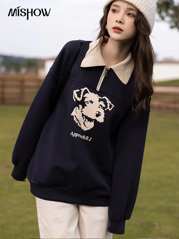 MISHOW Retro Hoodies Women Autumn Zipper Polo Collar Pullover Long Sleeve Printed Sweatshirts Casual Female Tops MXB36V0160