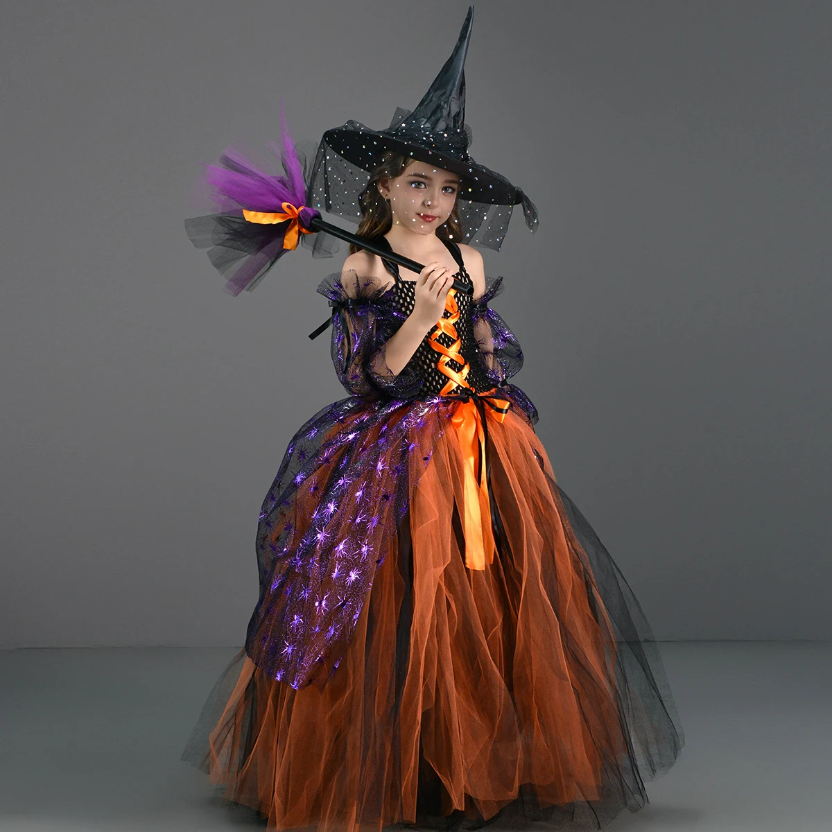 Girls Bat Witch Tutu Costume with Hat Broom Kids Halloween Themed Parties Orange Black Carnival Disguise Gown Witch Tutu Dress