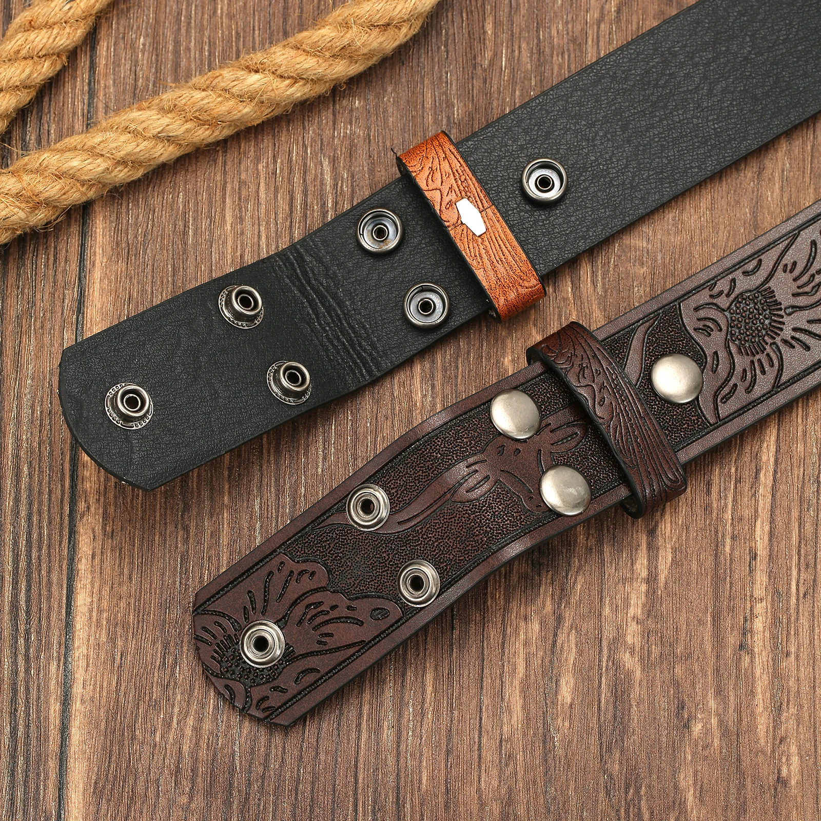 Herren Western-Gürtel mit geprägtem Muster, Blanko-Gurtband ohne Schnalle, Retro Cowboy PU-Leder Ersatzgürtel – Detail 4