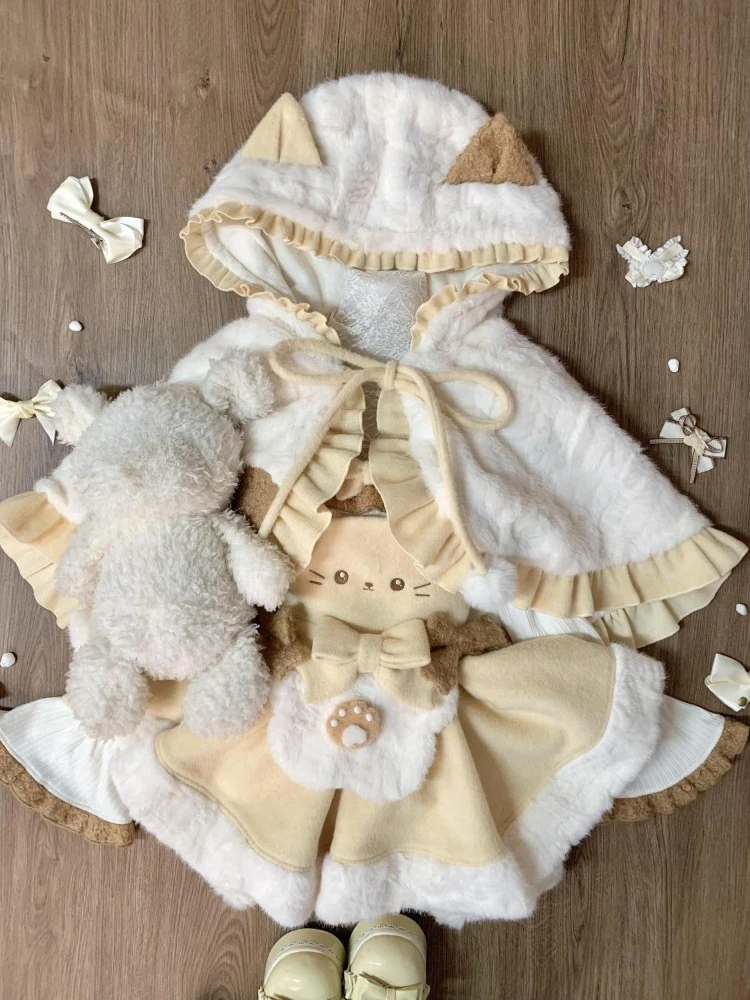 

Japanese Sweet Lolita Lovely 3 Piece Set Women Hooded Cloak + Cute Tops + Fluffy Strap Skirt Winter Kawaii Pure Desire Outfits