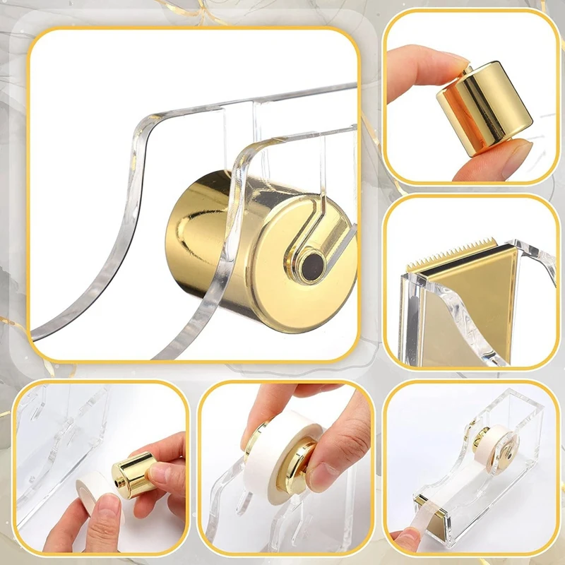 2 Pieces Acrylic Office Tape Dispenser Transparent Gold Tape Dispenser Tape Holder Packing Tape Dispenser Easy To Use