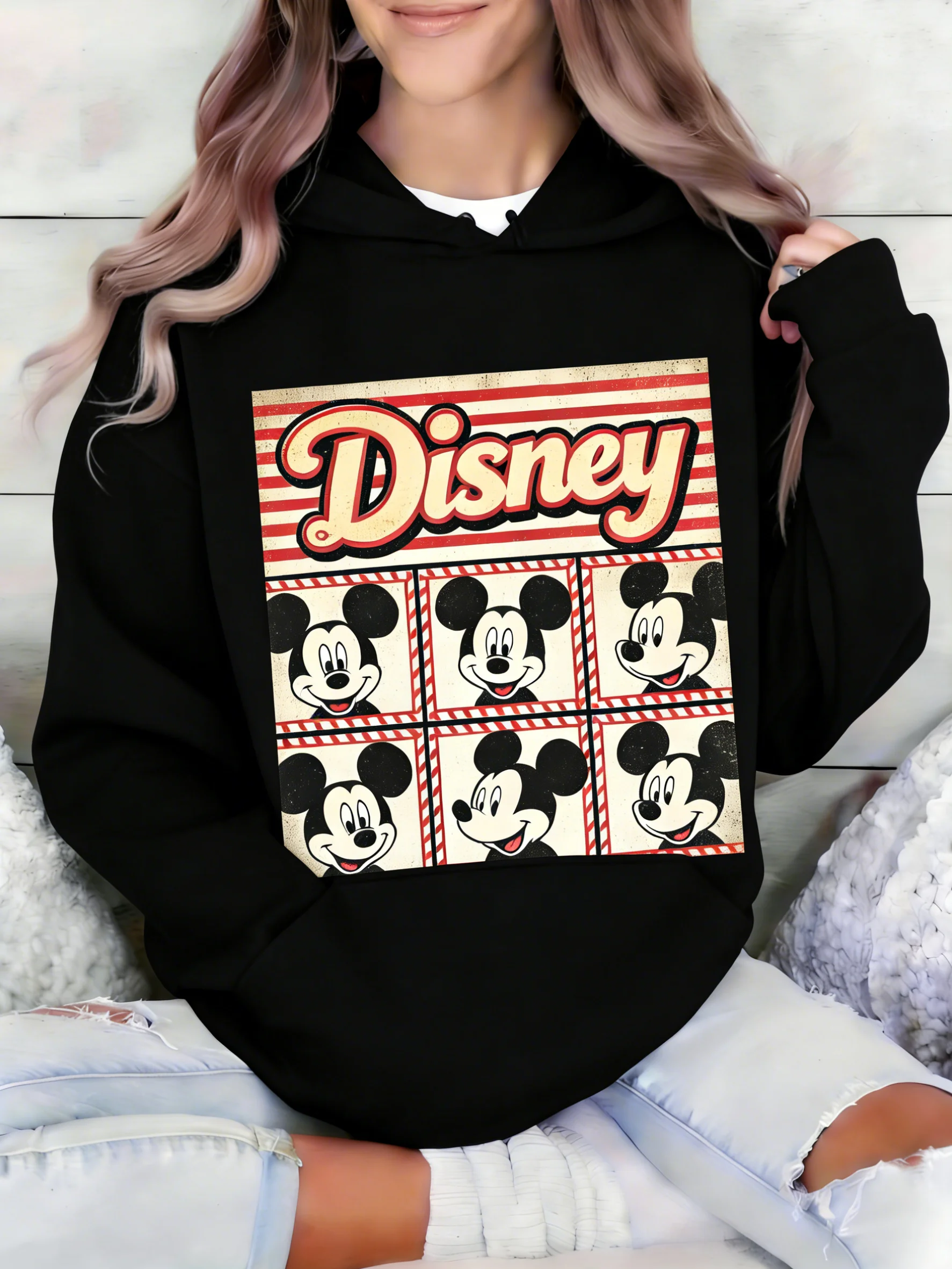 

Черная хлопковая толстовка с капюшоном Disney Mickey Mouse с принтом в клетку и классическим изображением персонажа для мужчин и женщин, повседневная одежда с карманом-кенгуру