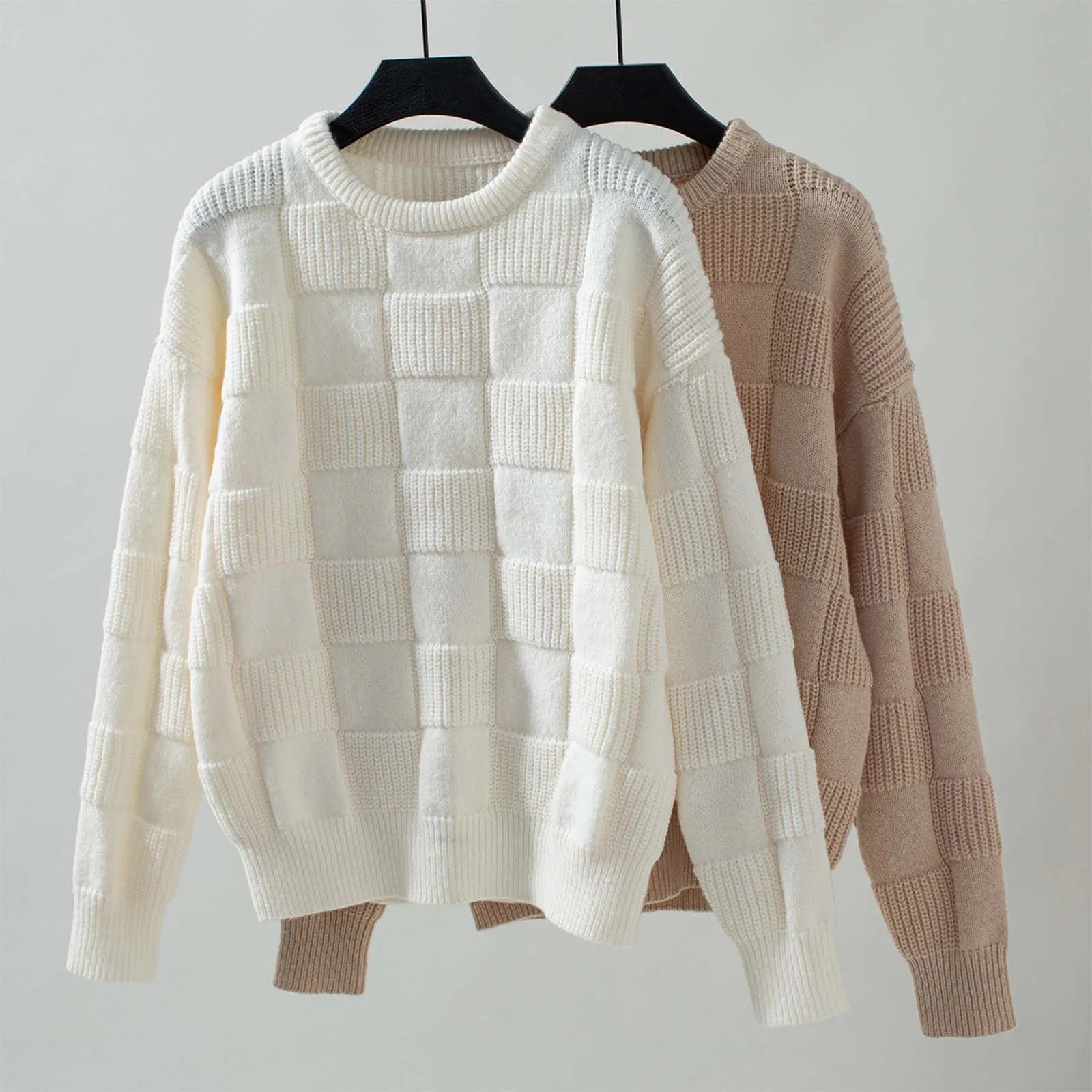 Knitted Sweaters for Women Solid Color Female Clothes Plain Crewneck Pullovers Beige Round Collar Sweat-shirt Knitwears 2024