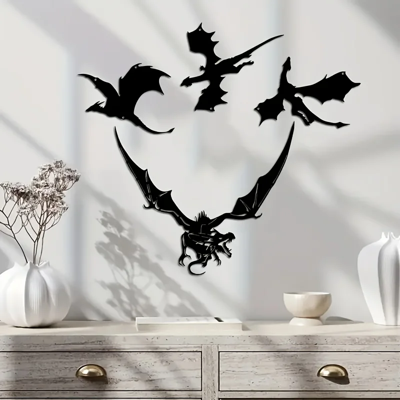 CIFBUY 4Pcs Dragon Metal Wall Art 2D Flat Fantasy Iron Wall Decor Home Patio Balcony Halloween Gift