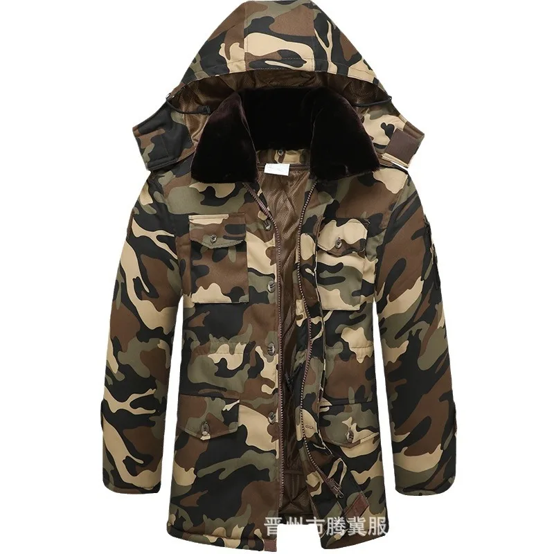 Winter Parka Hooded Men Print Parkas Uniforms Work Wear Long Sleeve Zipper Outerwear Loose Winter Pockets Casual Men Clothing