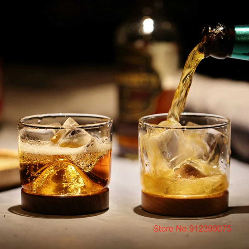 Japanese Style Mountain Whiskey Glass With Wooden Coaster Black Walnut Beech Base Whisky Shot Glass Fuji Mount Chivas Wine Cup