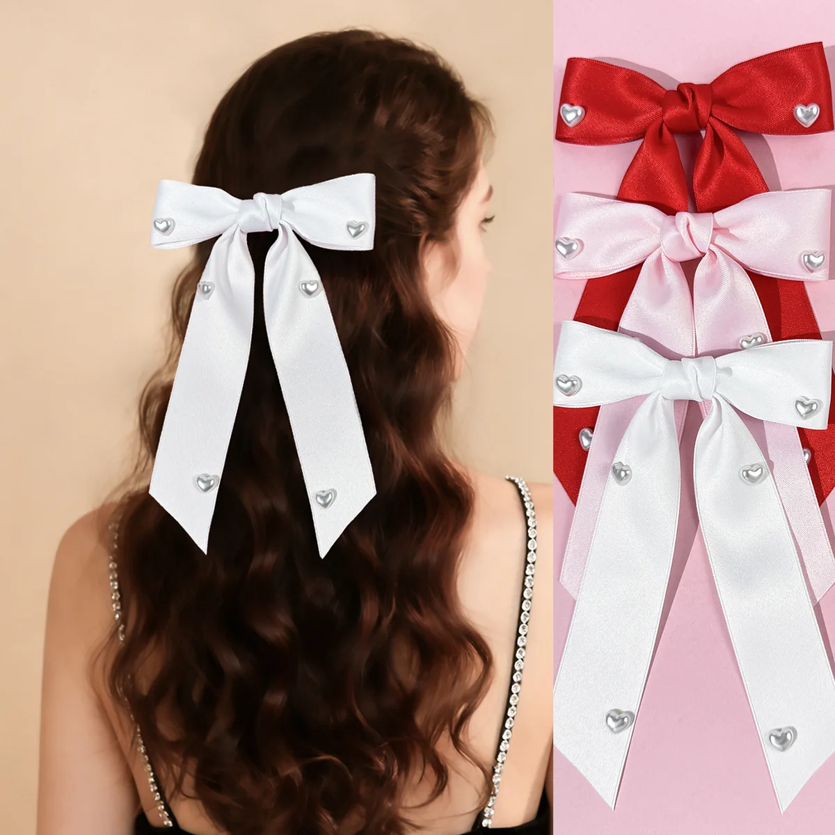 

30PCs Ribbon Bow Hair Clips with Pearl Heart for Girls and Women, Long Tassel Barrettes, Valentine's Day Hair Accessories Bulk